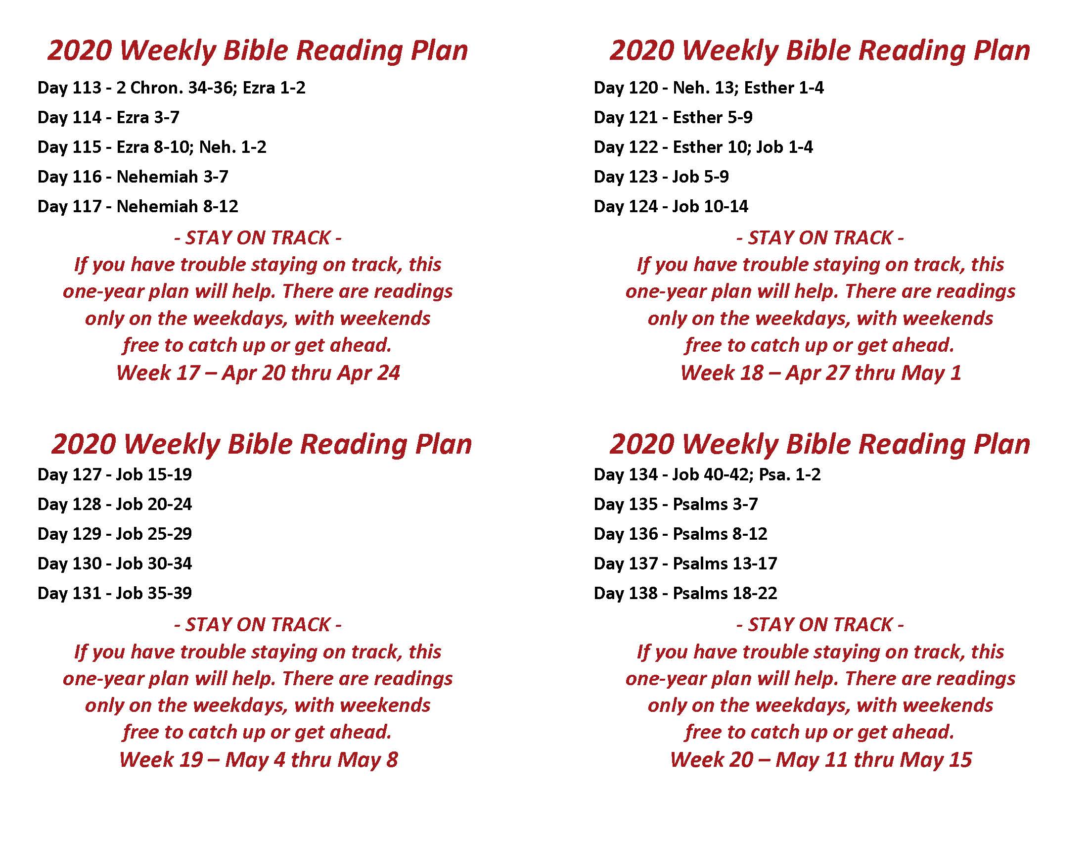 Read the Bible Through in a Year Apr 20 thru May 15